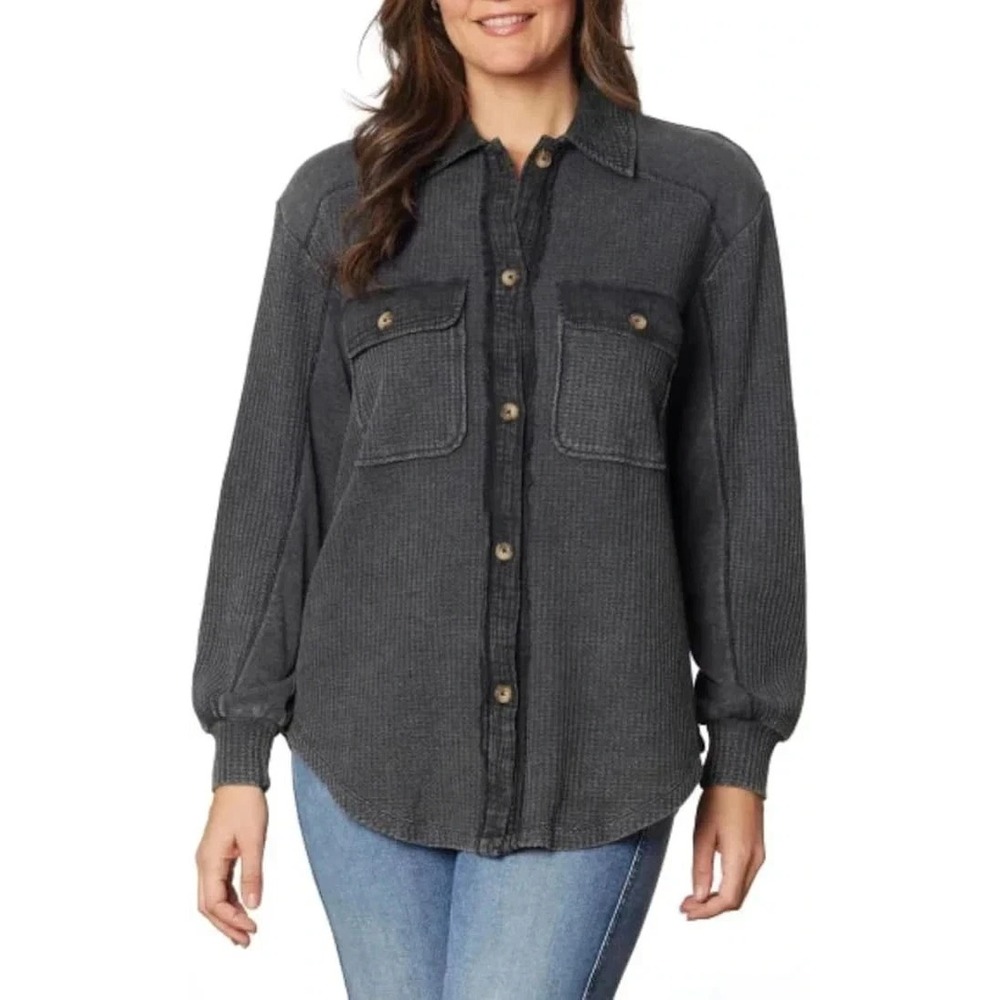 Briggs Women's Waffle Button-Front Long Sleeves Pockets Shirt, Black, Small, New